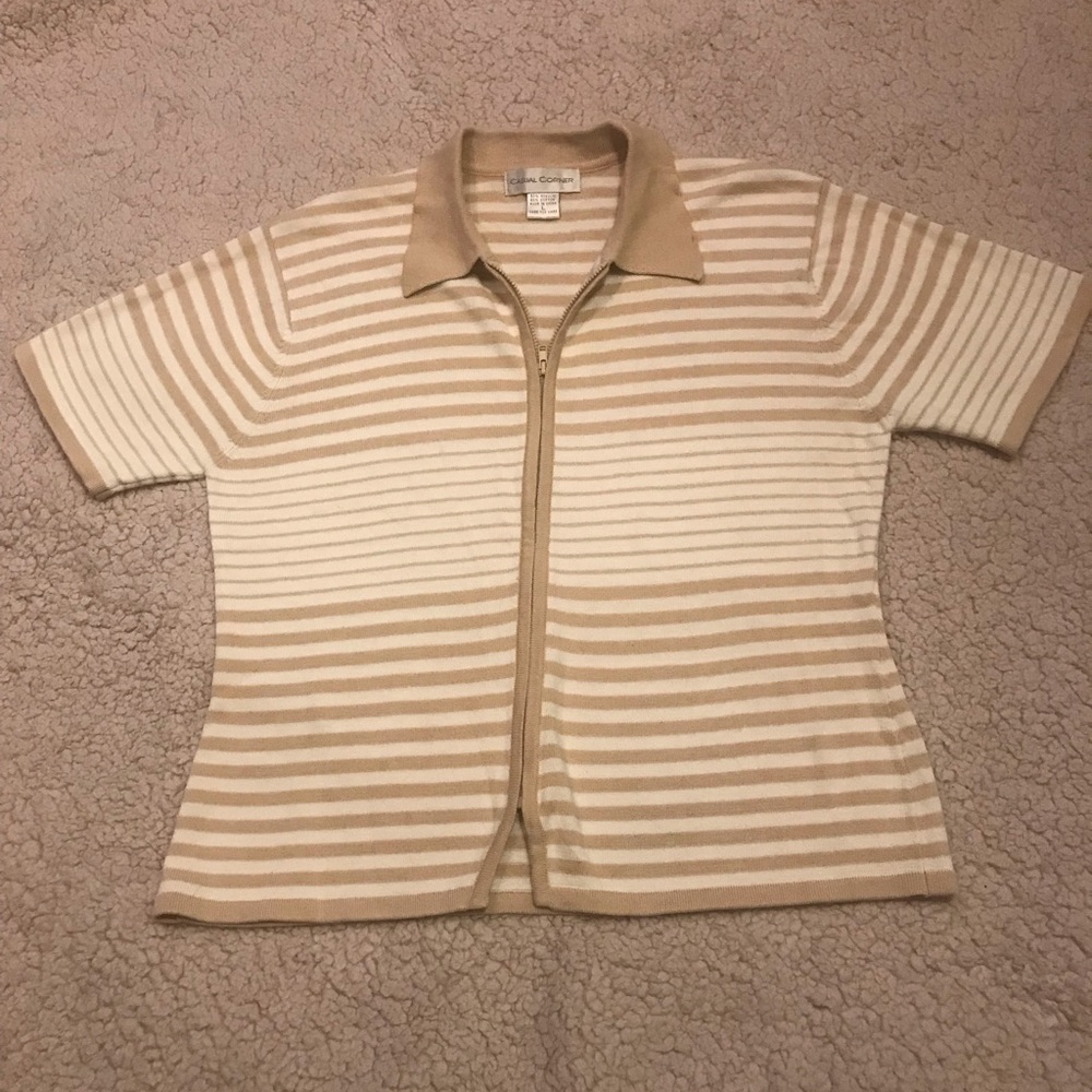 Casual Corner L beige & white stripe short-sleeve zip sweater vintage